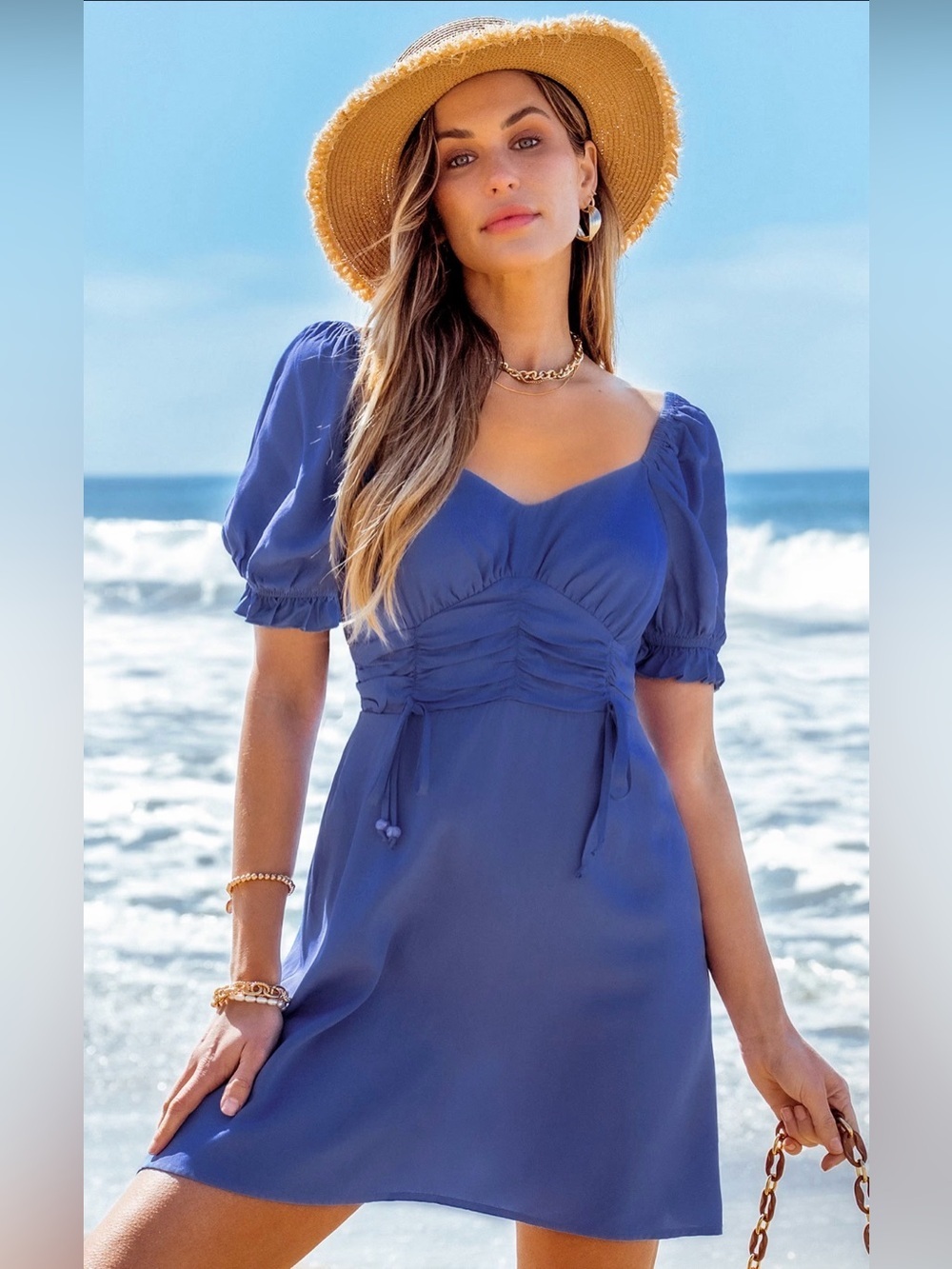 CUPSHE Blue Puff Sleeve Mini Dress Women’s Medium Sweetheart A-Line Cottagecore